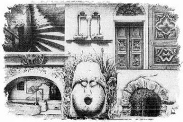 Stampa con particolari delle Case Monumentali 